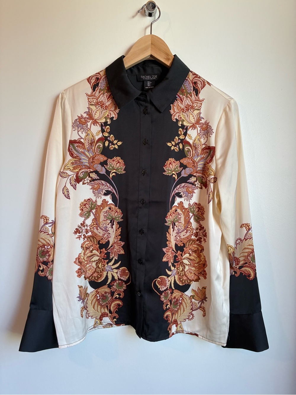 Rachel Zoe Satin Baroque Placement Print Button Down Blouse S